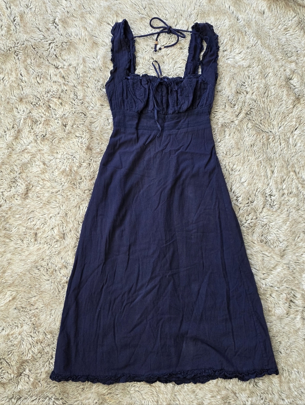 Free People Moon‎ Eyes Midi Dress Navy Blue Sleeveless Lace Trim Women's - Picture 2 of 14